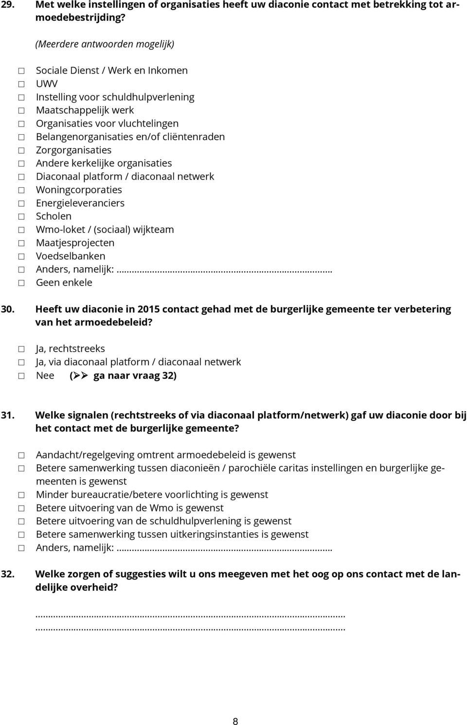 kerkelijke organisaties Diaconaal platform / diaconaal netwerk Woningcorporaties Energieleveranciers Scholen Wmo-loket / (sociaal) wijkteam Maatjesprojecten Voedselbanken Geen enkele 30.