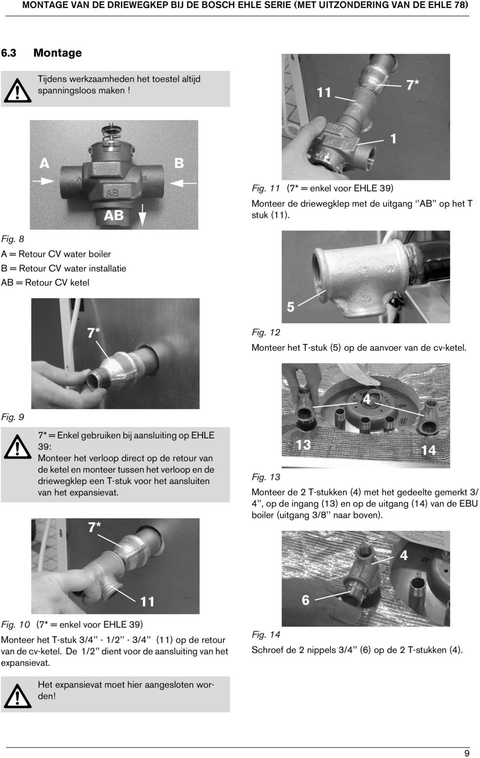 12 Monteer het T-stuk () op de aanvoer van de cv-ketel. Fig.