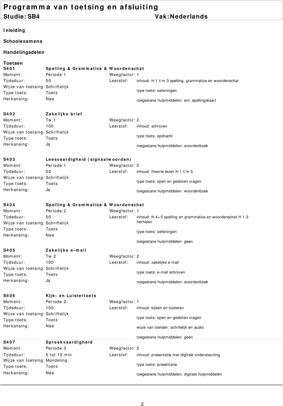 5 toegestane hulpmiddelen: woordenboek S404 Spelling & Grammatica & Woordenschat Periode 2 inhoud: H 4+5 spelling en grammatica en woordenschat H 1-3 herhalen type toets: oefeningen S405 Zakelijke