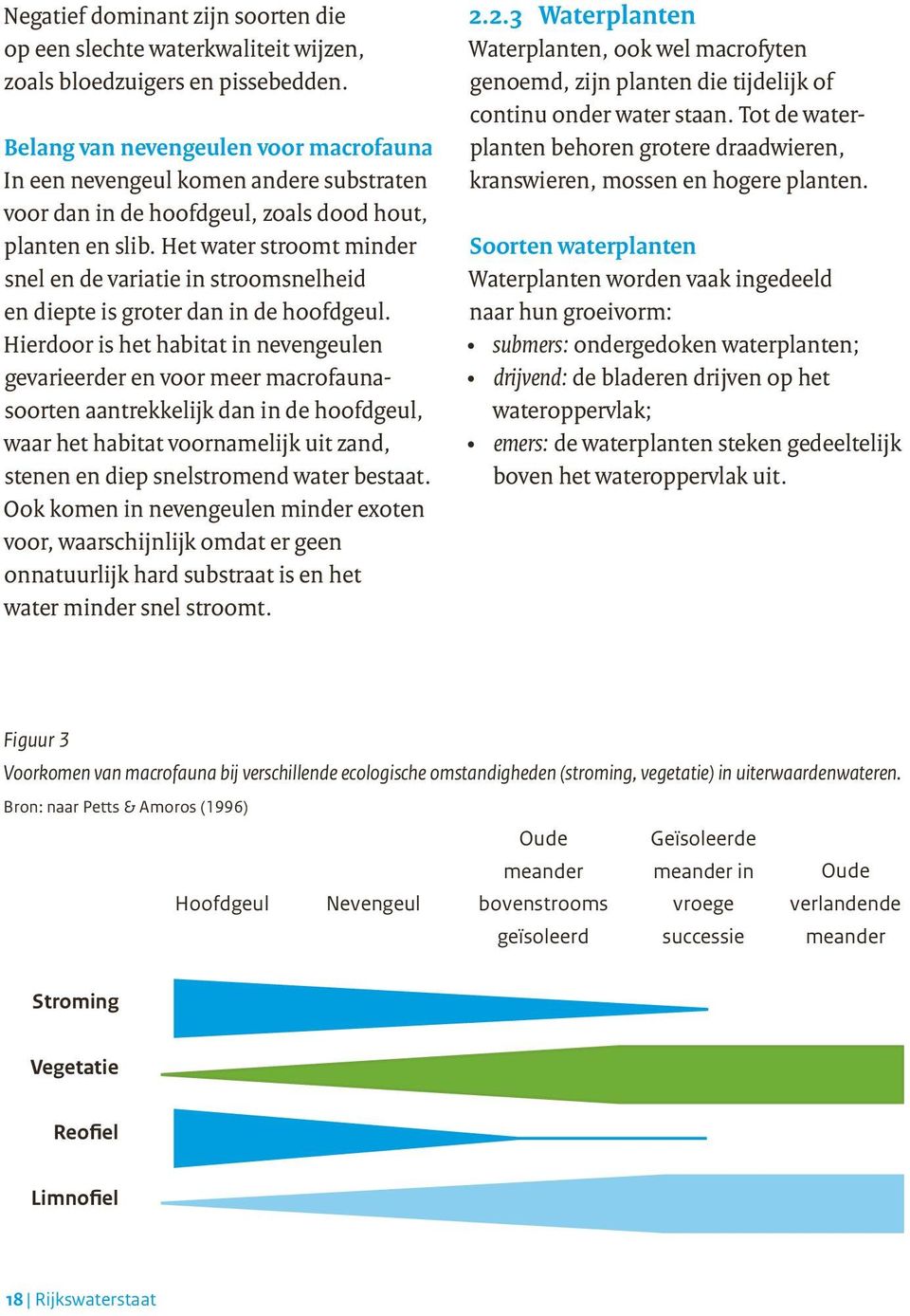 Het water stroomt minder snel en de variatie in stroomsnelheid en diepte is groter dan in de hoofdgeul.