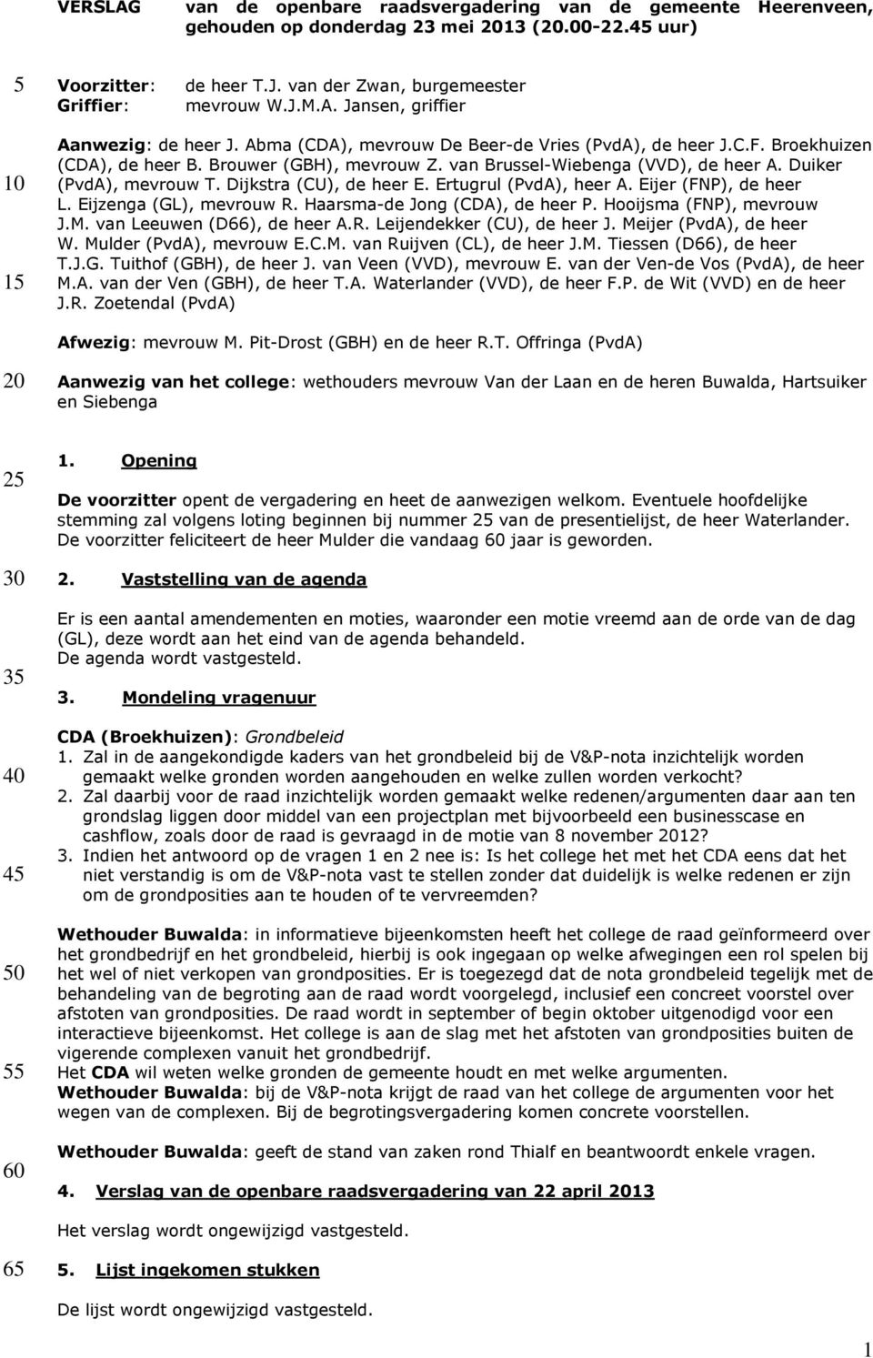 Dijkstra (CU), de heer E. Ertugrul (PvdA), heer A. Eijer (FNP), de heer L. Eijzenga (GL), mevrouw R. Haarsma-de Jong (CDA), de heer P. Hooijsma (FNP), mevrouw J.M. van Leeuwen (D66), de heer A.R. Leijendekker (CU), de heer J.