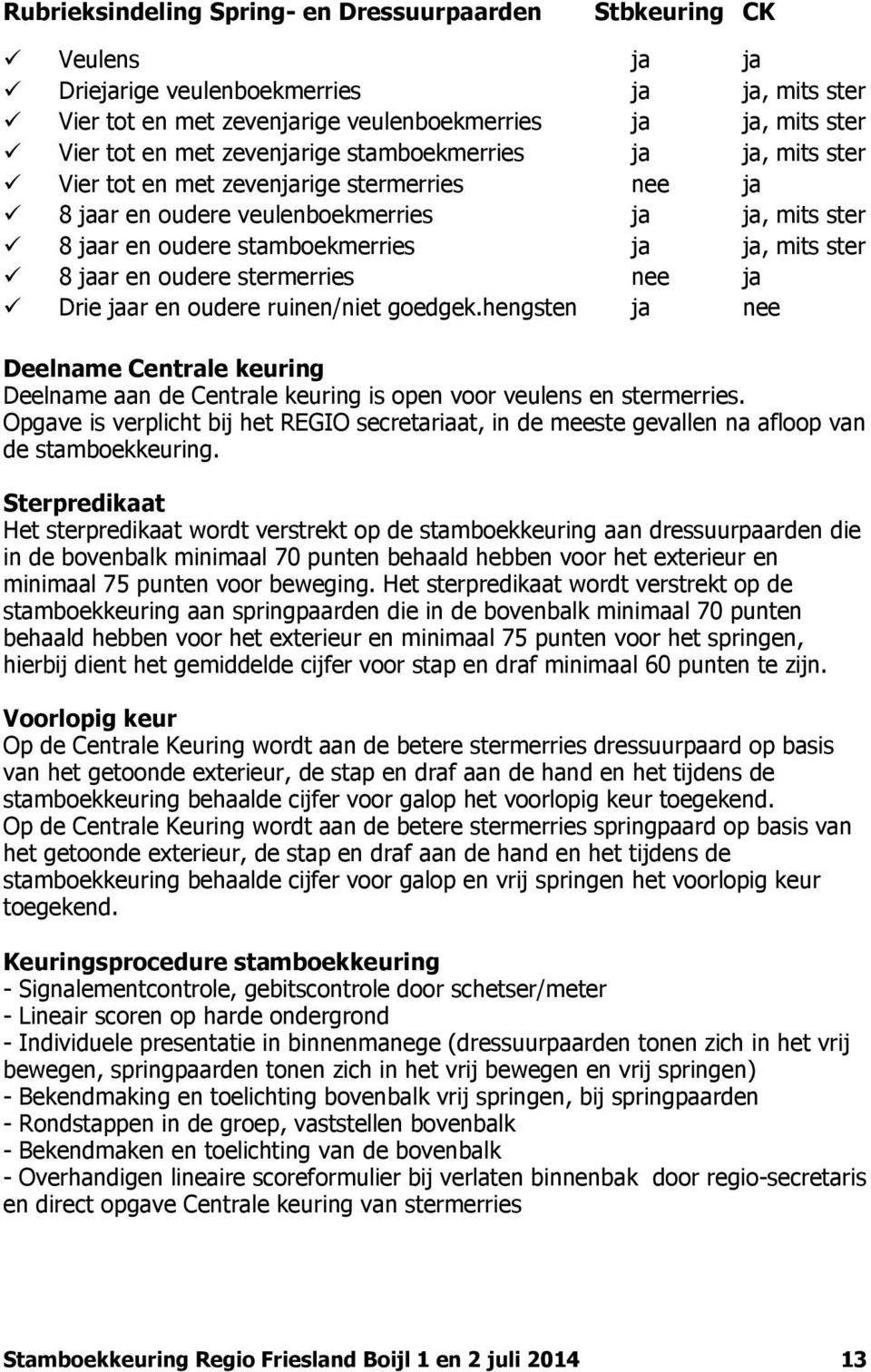 jaar en oudere stermerries nee ja Drie jaar en oudere ruinen/niet goedgek.hengsten ja nee Deelname Centrale keuring Deelname aan de Centrale keuring is open voor veulens en stermerries.