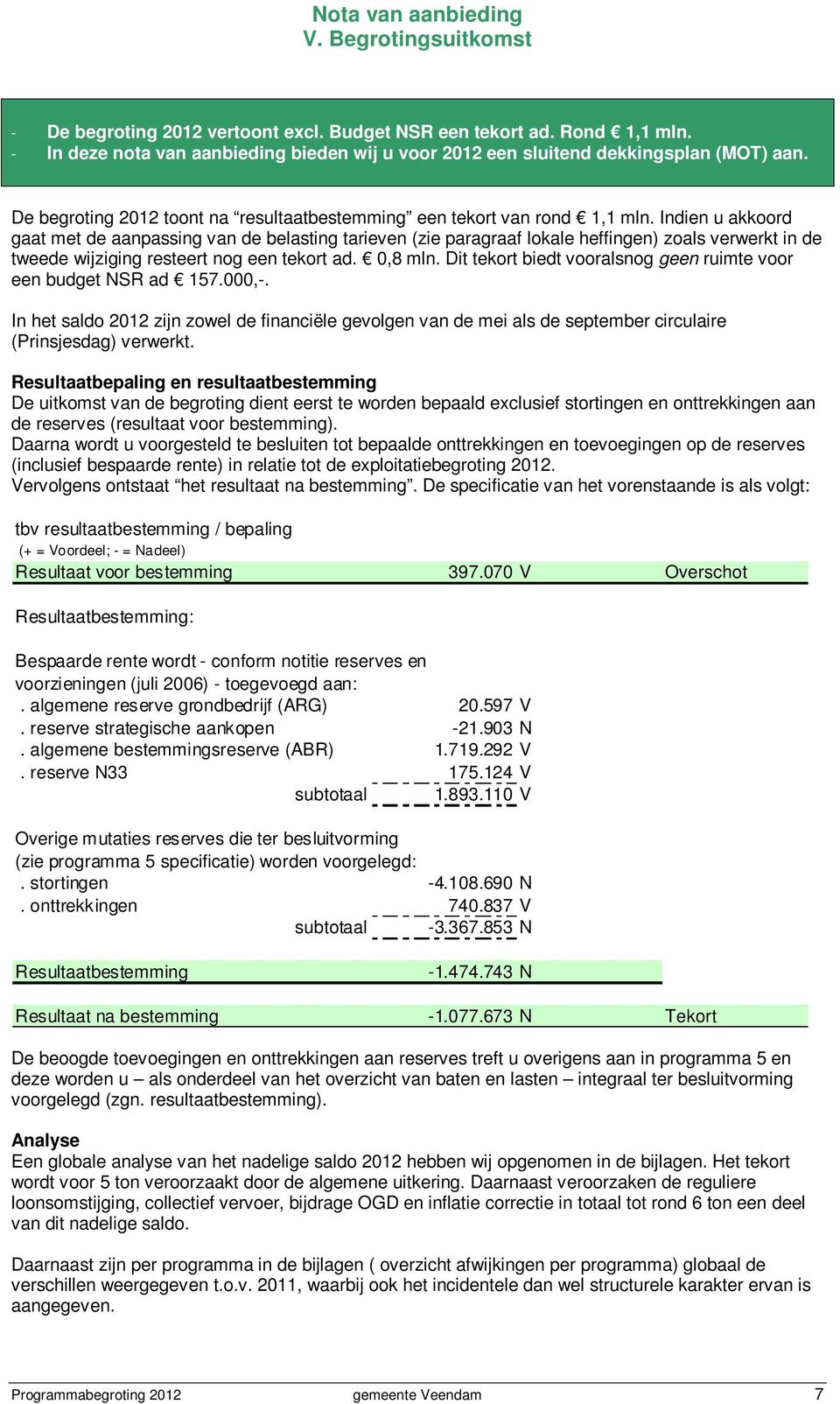 Indien u akkoord gaat met de aanpassing van de belasting tarieven (zie paragraaf lokale heffingen) zoals verwerkt in de tweede wijziging resteert nog een tekort ad. 0,8 mln.