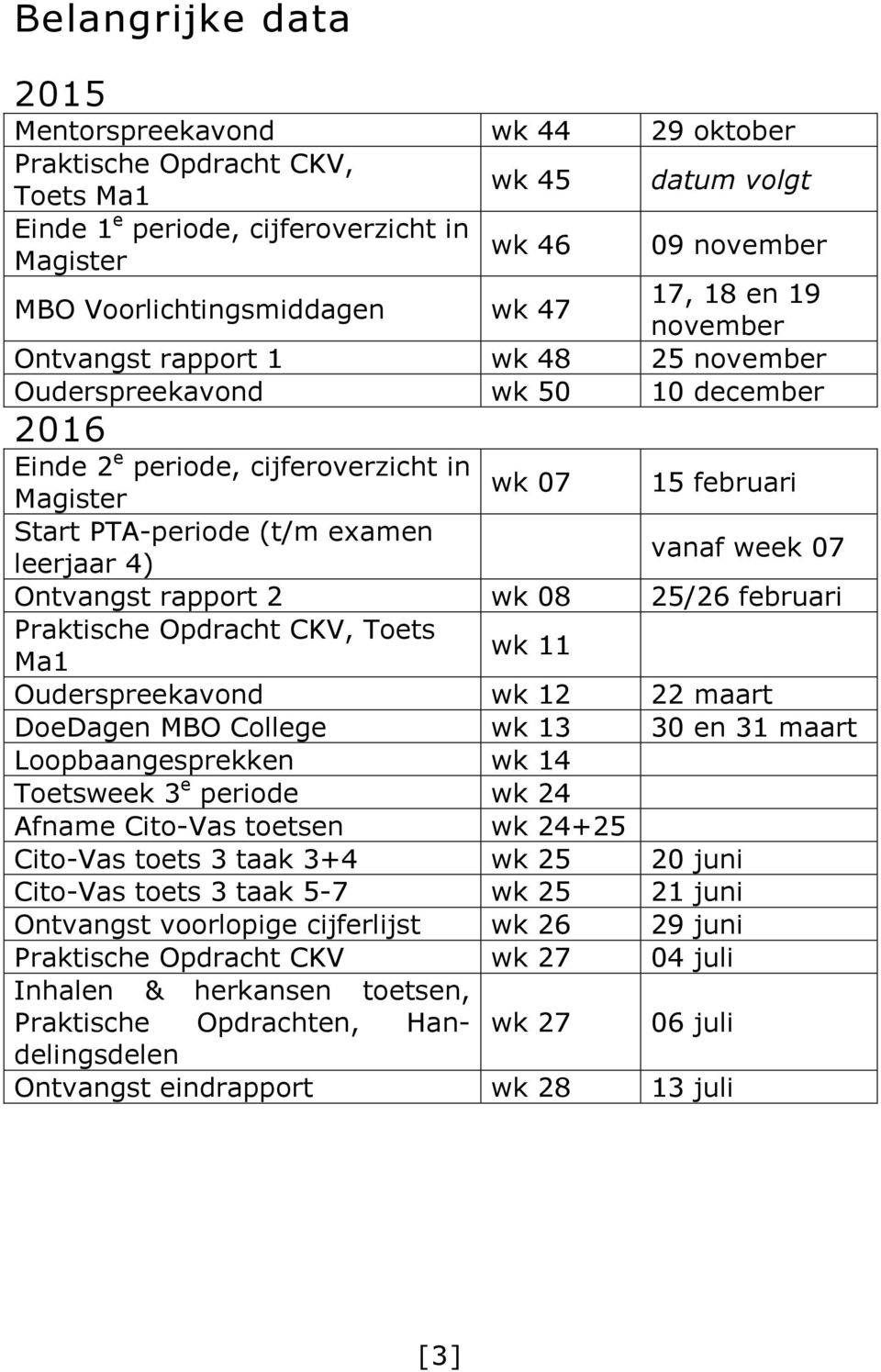 examen leerjaar 4) vanaf week 07 Ontvangst rapport 2 wk 08 25/26 februari Praktische Opdracht CKV, Toets Ma1 wk 11 Ouderspreekavond wk 12 22 maart DoeDagen MBO College wk 13 30 en 31 maart