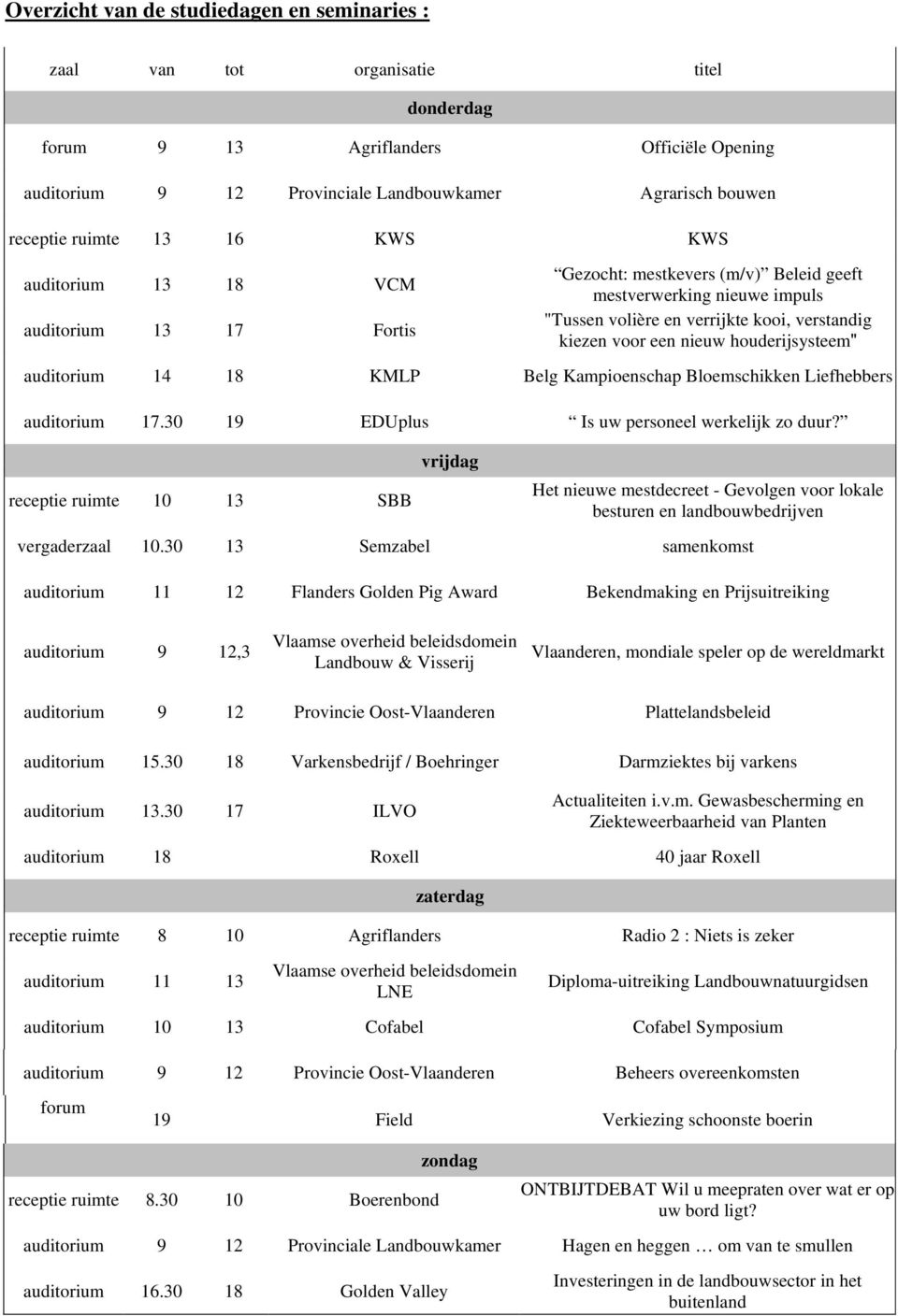 nieuw houderijsysteem" auditorium 14 18 KMLP Belg Kampioenschap Bloemschikken Liefhebbers auditorium 17.30 19 EDUplus Is uw personeel werkelijk zo duur?