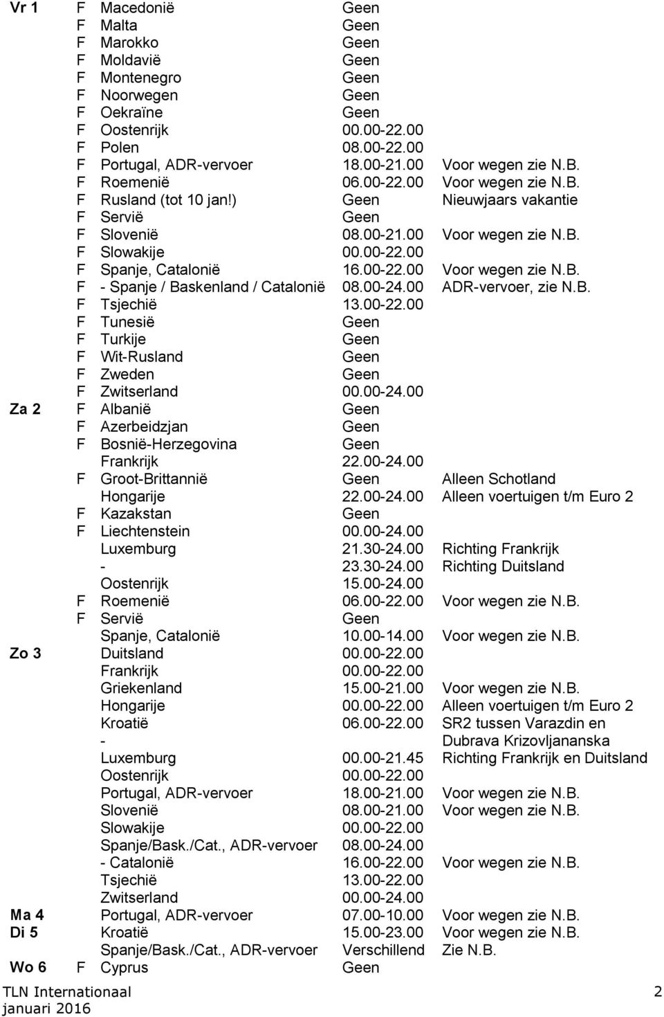 0024.00 Za 2 F Albanië F Azerbeidzjan F BosniëHerzegovina Frankrijk 22.0024.00 F GrootBrittannië Alleen Schotland F Kazakstan F Liechtenstein 00.0024.00 F Roemenië 06.0022.00 Voor wegen zie N.B. F Servië Zo 3 Duitsland 00.