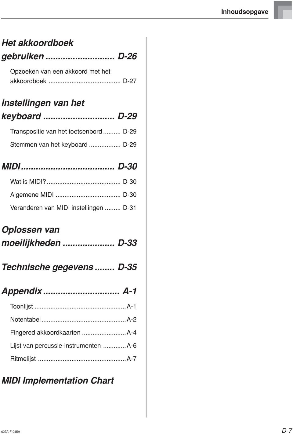 .. D-30 Veranderen van MIDI instellingen... D-31 Oplossen van moeilijkheden... D-33 Technische gegevens... D-35 Appendix... A-1 Toonlijst.