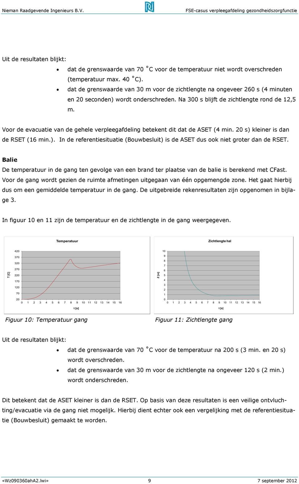 Voor de evacuatie van de gehele verpleegafdeling betekent dit dat de ASET (4 min. 20 s) kleiner is dan de RSET (16 min.). In de referentiesituatie (Bouwbesluit) is de ASET dus ook niet groter dan de RSET.