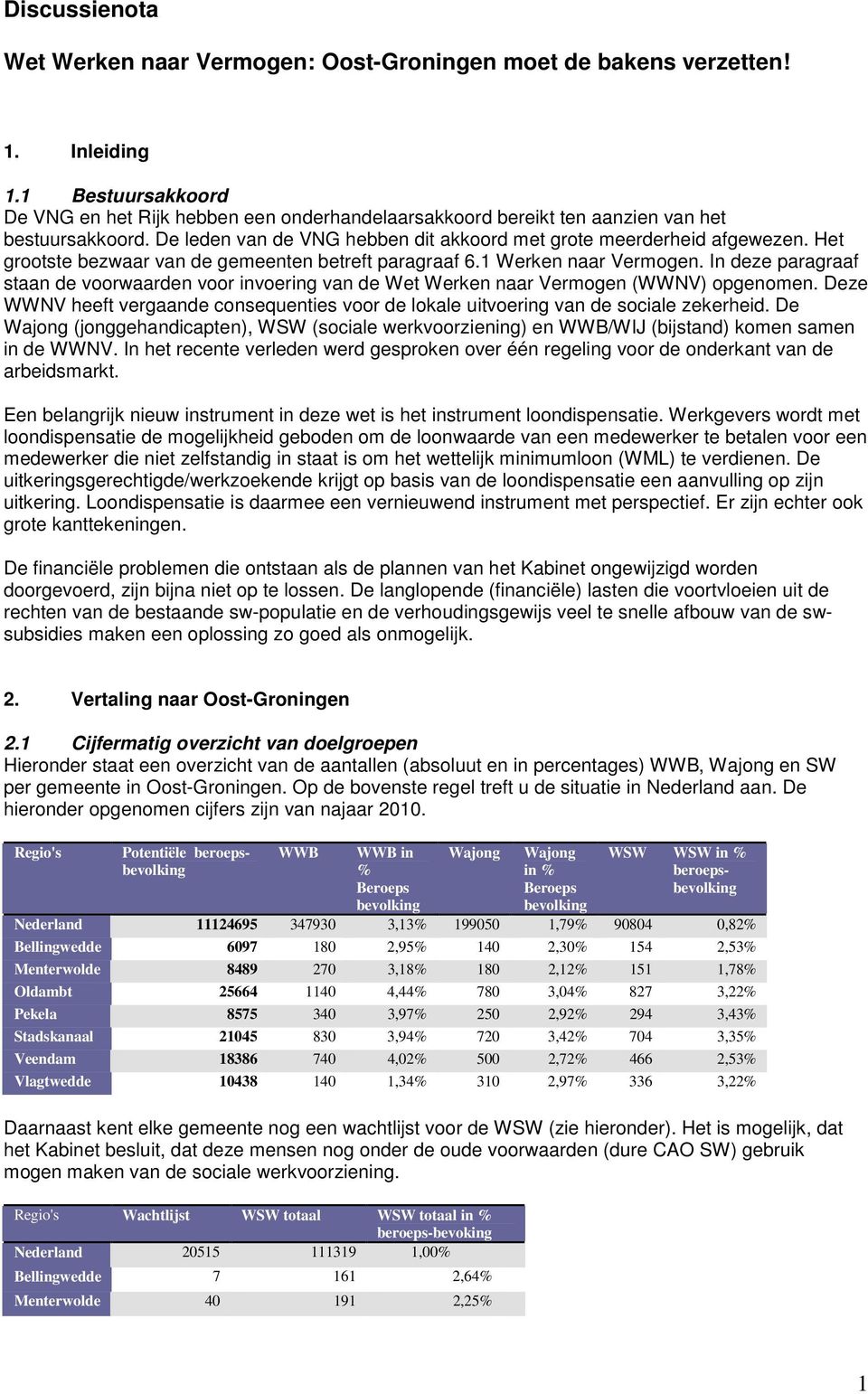 Het grootste bezwaar van de gemeenten betreft paragraaf 6.1 Werken naar Vermogen. In deze paragraaf staan de voorwaarden voor invoering van de Wet Werken naar Vermogen (WWNV) opgenomen.