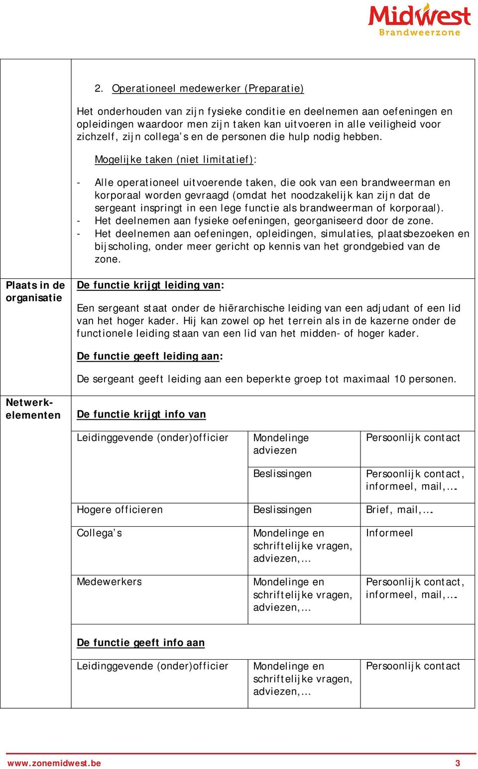 Mogelijke taken (niet limitatief): - Alle operationeel uitvoerende taken, die ook van een brandweerman en korporaal worden gevraagd (omdat het noodzakelijk kan zijn dat de sergeant inspringt in een