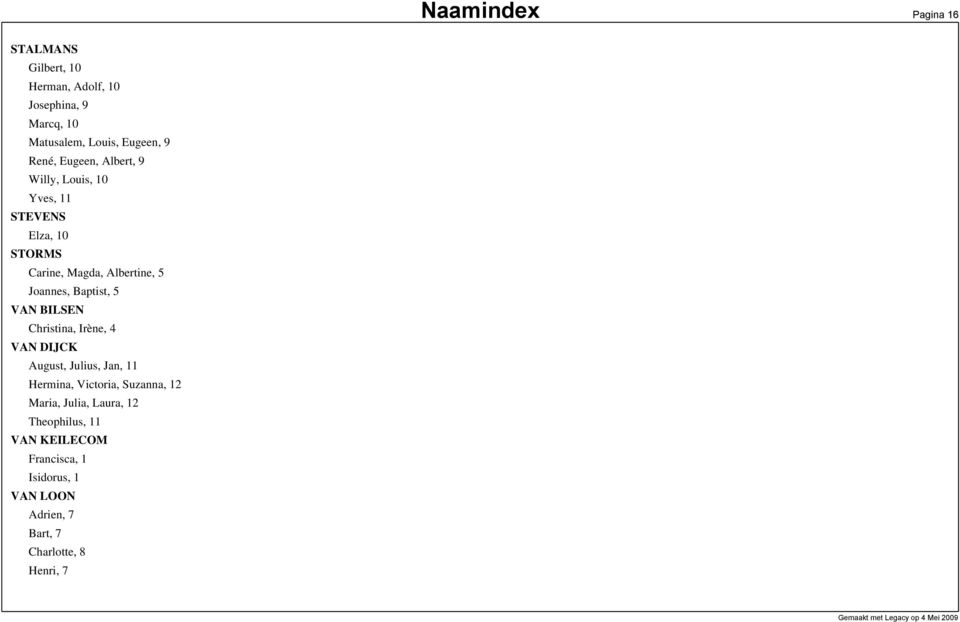 Baptist, 5 VAN BILSEN Christina, Irène, 4 VAN DIJCK August, Julius, Jan, 11 Hermina, Victoria, Suzanna, 12 Maria,