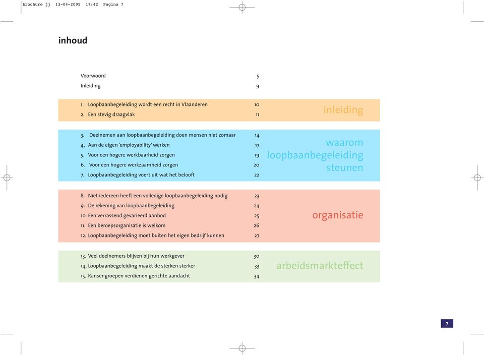 Loopbaanbegeleiding voert uit wat het belooft 22 waarom loopbaanbegeleiding steunen 8. Niet iedereen heeft een volledige loopbaanbegeleiding nodig 23 9. De rekening van loopbaanbegeleiding 24 10.