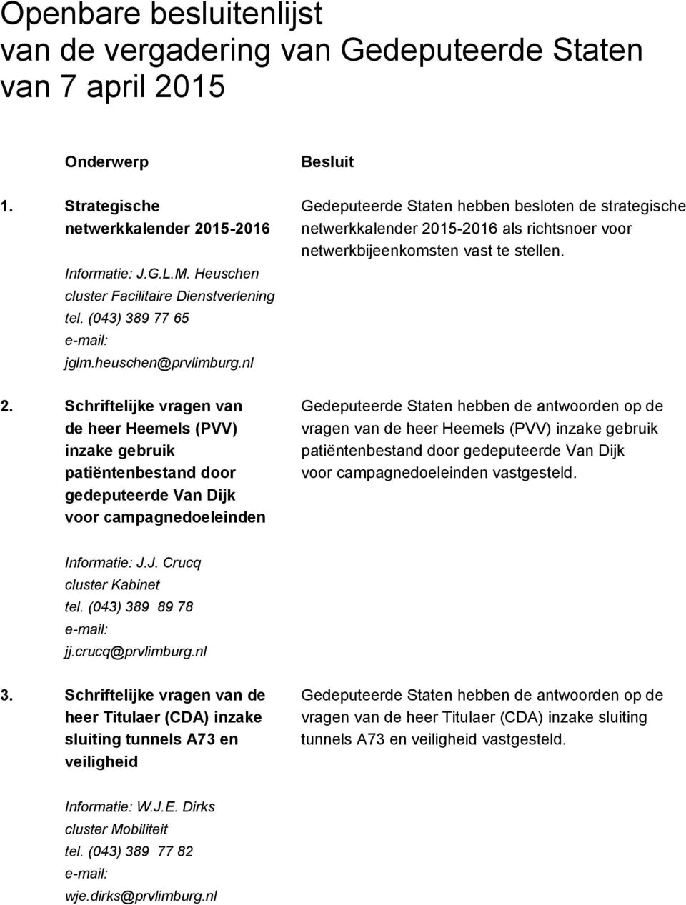 Schriftelijke vragen van de heer Heemels (PVV) inzake gebruik patiëntenbestand door gedeputeerde Van Dijk voor campagnedoeleinden Besluit Gedeputeerde Staten hebben besloten de strategische