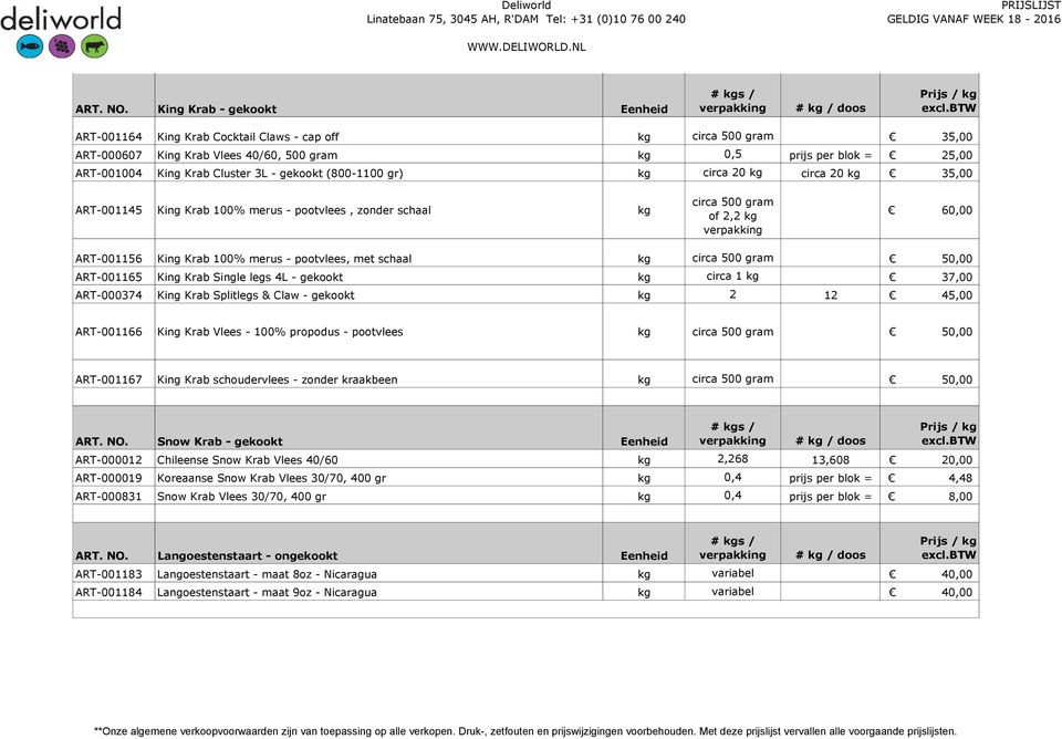 3L - gekookt (800-1100 gr) kg circa 20 kg circa 20 kg 35,00 ART-001145 King Krab 100% merus - pootvlees, zonder schaal kg circa 500 gram of 2,2 kg 60,00 ART-001156 King Krab 100% merus - pootvlees,