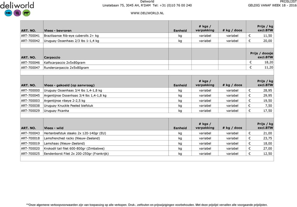 ART-700003 Argentijnse ribeye 2-2,5 kg kg variabel variabel 19,50 ART-700038 Uruguay Knuckle Peeled biefstuk kg variabel variabel 7,50 ART-700029 Uruguay Picanha kg variabel variabel 17,50 ART. NO.