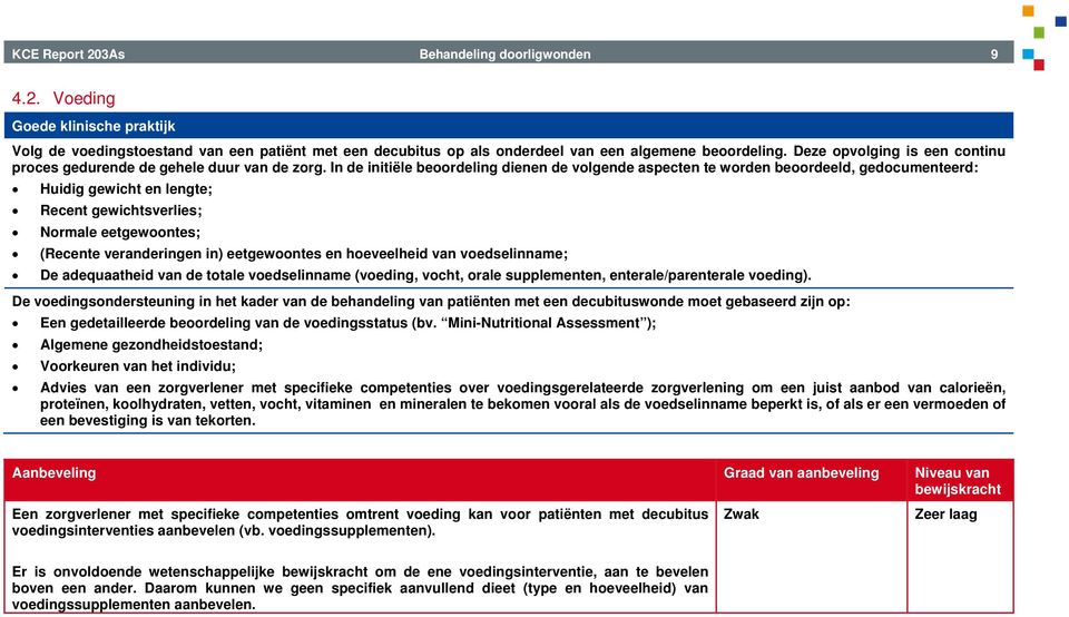 In de initiële beoordeling dienen de volgende aspecten te worden beoordeeld, gedocumenteerd: Huidig gewicht en lengte; Recent gewichtsverlies; Normale eetgewoontes; (Recente veranderingen in)