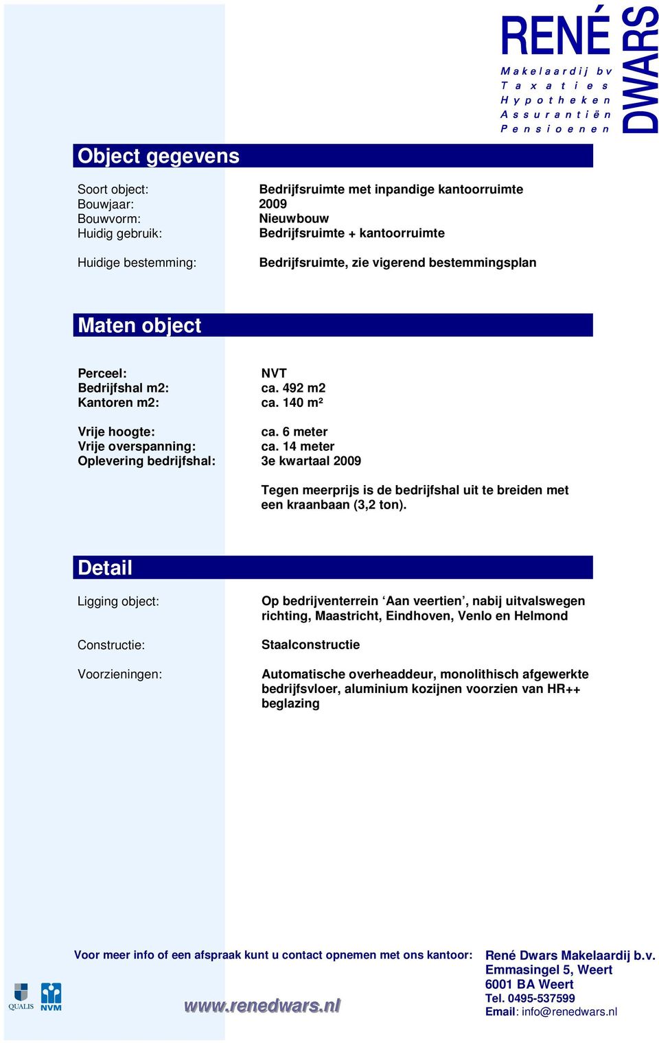 6 meter ca. 14 meter 3e kwartaal 2009 Tegen meerprijs is de bedrijfshal uit te breiden met een kraanbaan (3,2 ton).