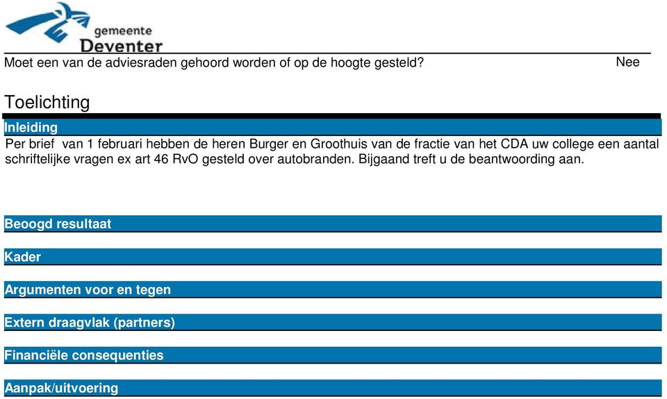 het CDA uw college een aantal schriftelijke vragen ex art 46 RvO gesteld over autobranden.