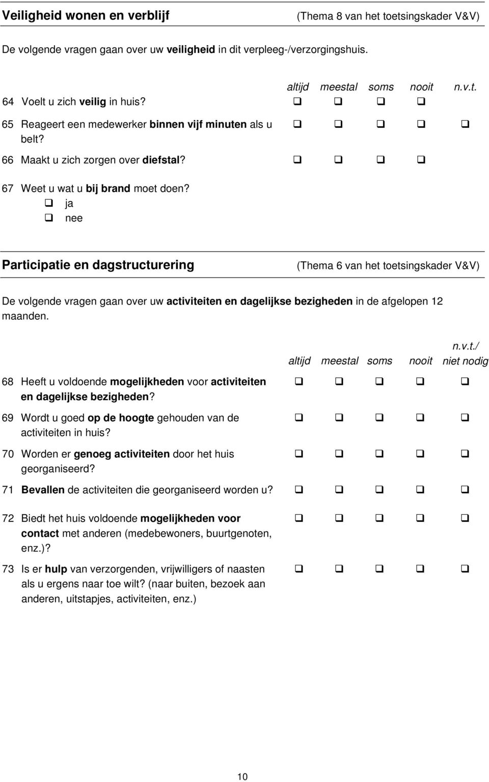 nee Participatie en dagstructurering (Thema 6 van het toetsingskader V&V) De volgende vragen gaan over uw activiteiten en dagelijkse bezigheden in de afgelopen 12 maanden.