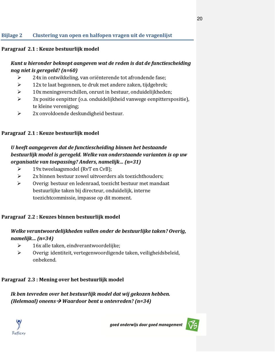 (n=60) 24x in ontwikkeling, van oriënterende tot afrondende fase; 12x te laat begonnen, te druk met andere zaken, tijdgebrek; 10x meningsverschillen, onrust in bestuur, onduidelijkheden; 3x positie