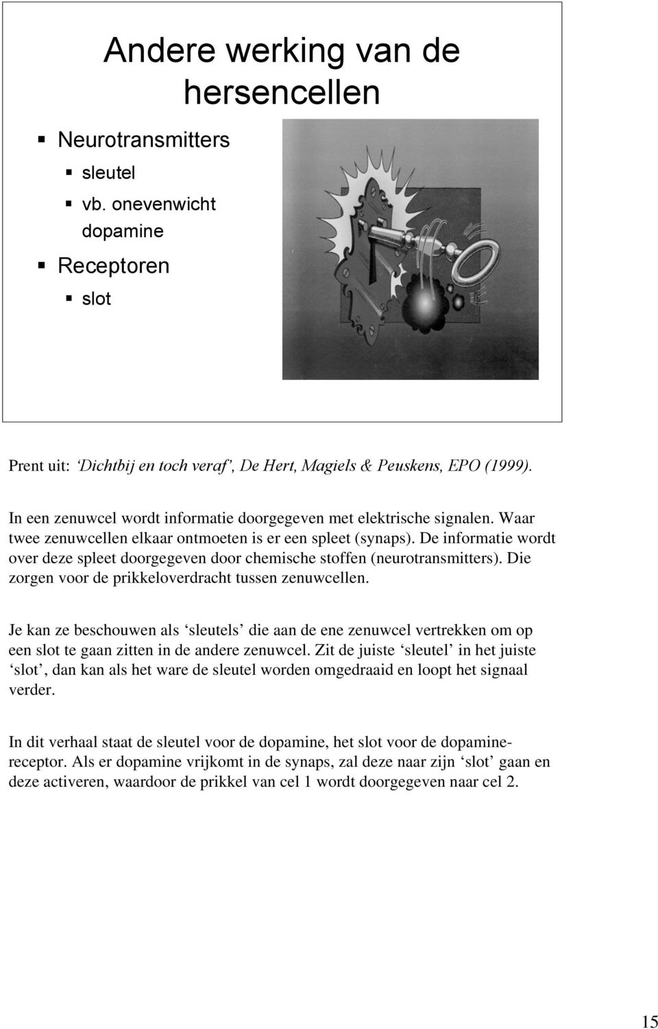 De informatie wordt over deze spleet doorgegeven door chemische stoffen (neurotransmitters). Die zorgen voor de prikkeloverdracht tussen zenuwcellen.