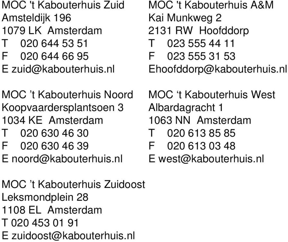 nl MOC 't Kabouterhuis A&M Kai Munkweg 2 2131 RW Hoofddorp T 023 555 44 11 F 023 555 31 53 Ehoofddorp@kabouterhuis.