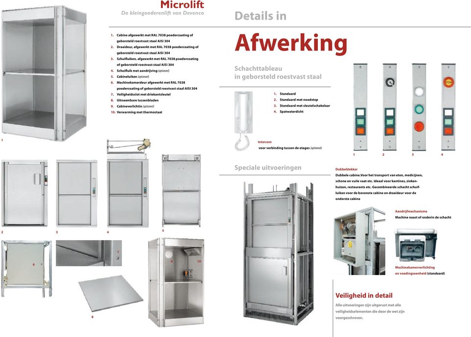 Machinekamerdeur afgewerkt met RAL 7038 poedercoating of geborsteld roestvast staal AISI 304 7. Veiligheidsslot met driekantsleutel 8. Uitneembare tussenbladen 9. Cabineverlichtin (optioneel) 10.