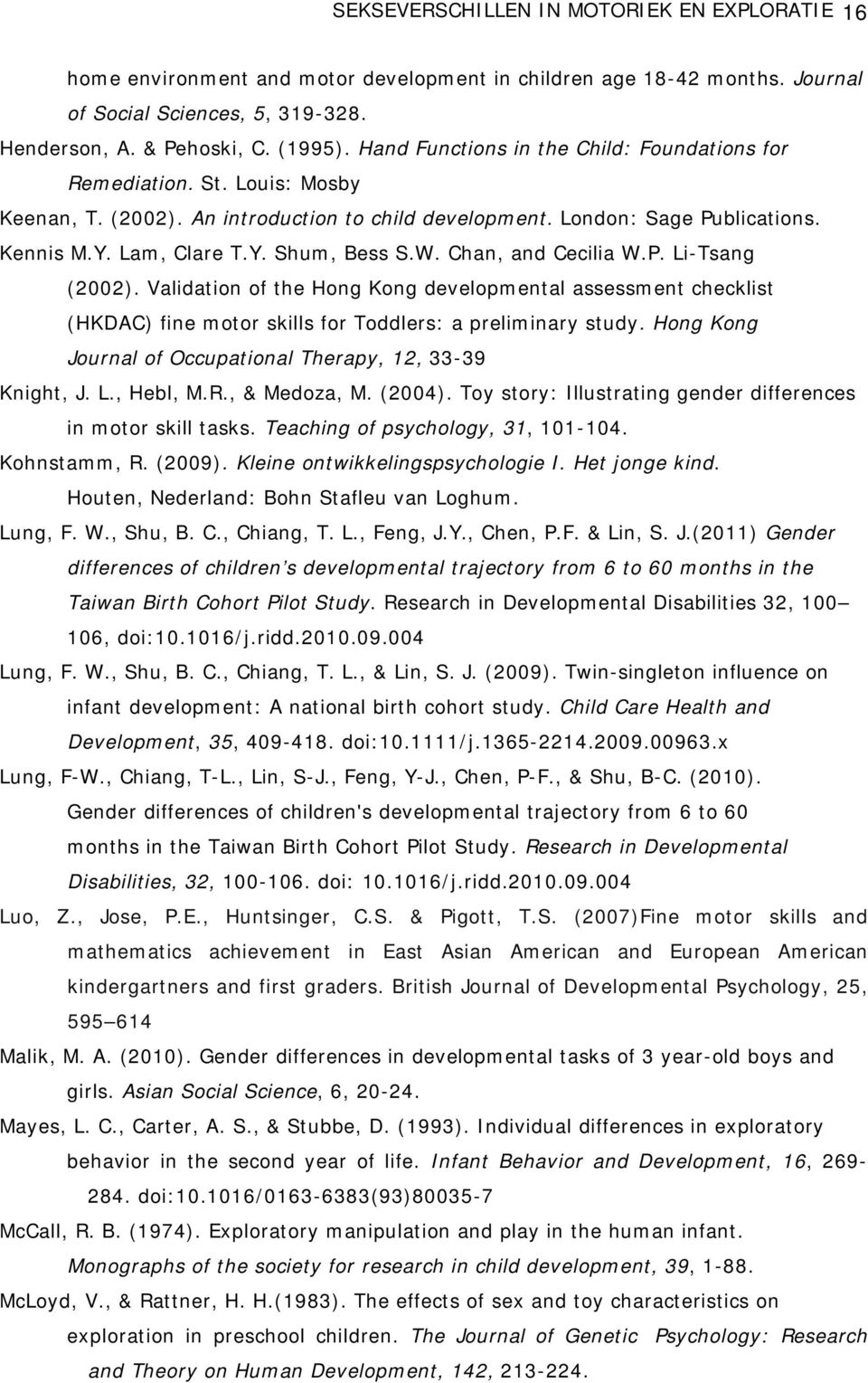 W. Chan, and Cecilia W.P. Li-Tsang (2002). Validation of the Hong Kong developmental assessment checklist (HKDAC) fine motor skills for Toddlers: a preliminary study.