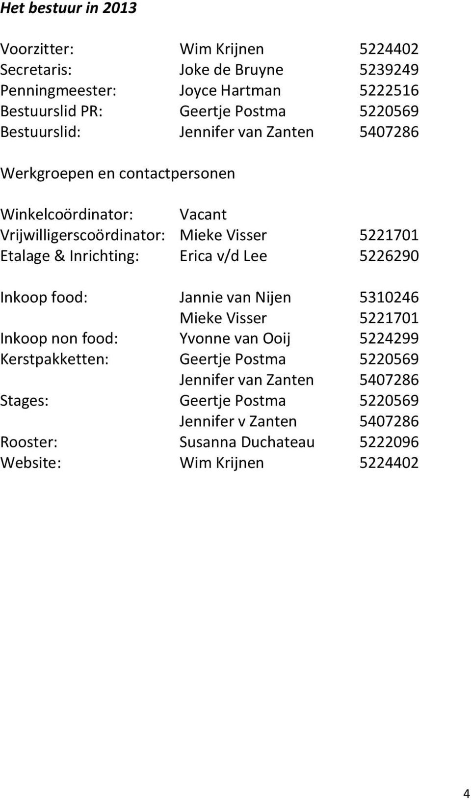 & Inrichting: Erica v/d Lee 5226290 Inkoop food: Jannie van Nijen 5310246 Mieke Visser 5221701 Inkoop non food: Yvonne van Ooij 5224299 Kerstpakketten: Geertje