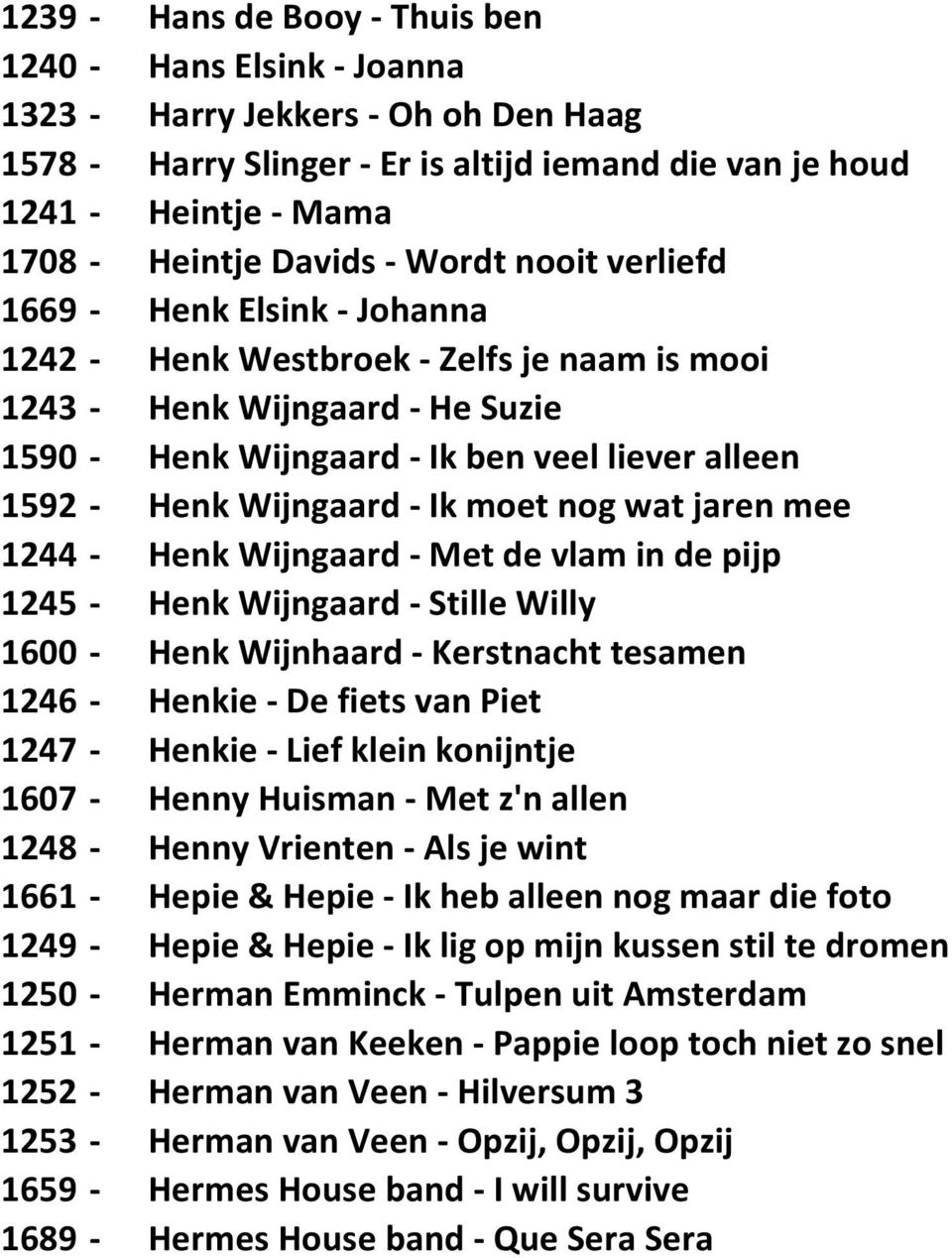 Wijngaard - Ik moet nog wat jaren mee 1244 - Henk Wijngaard - Met de vlam in de pijp 1245 - Henk Wijngaard - Stille Willy 1600 - Henk Wijnhaard - Kerstnacht tesamen 1246 - Henkie - De fiets van Piet