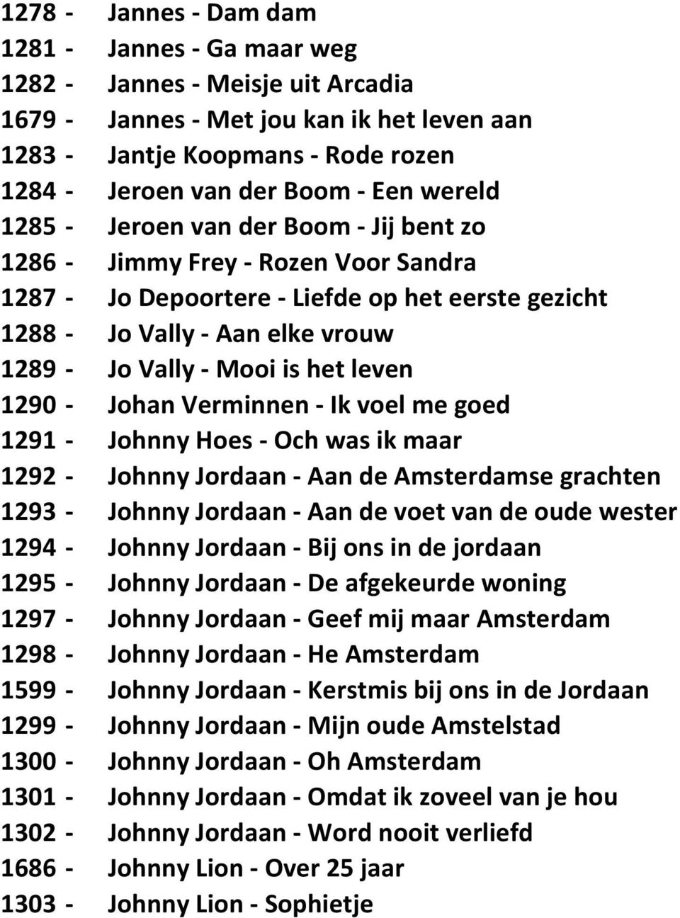 is het leven 1290 - Johan Verminnen - Ik voel me goed 1291 - Johnny Hoes - Och was ik maar 1292 - Johnny Jordaan - Aan de Amsterdamse grachten 1293 - Johnny Jordaan - Aan de voet van de oude wester