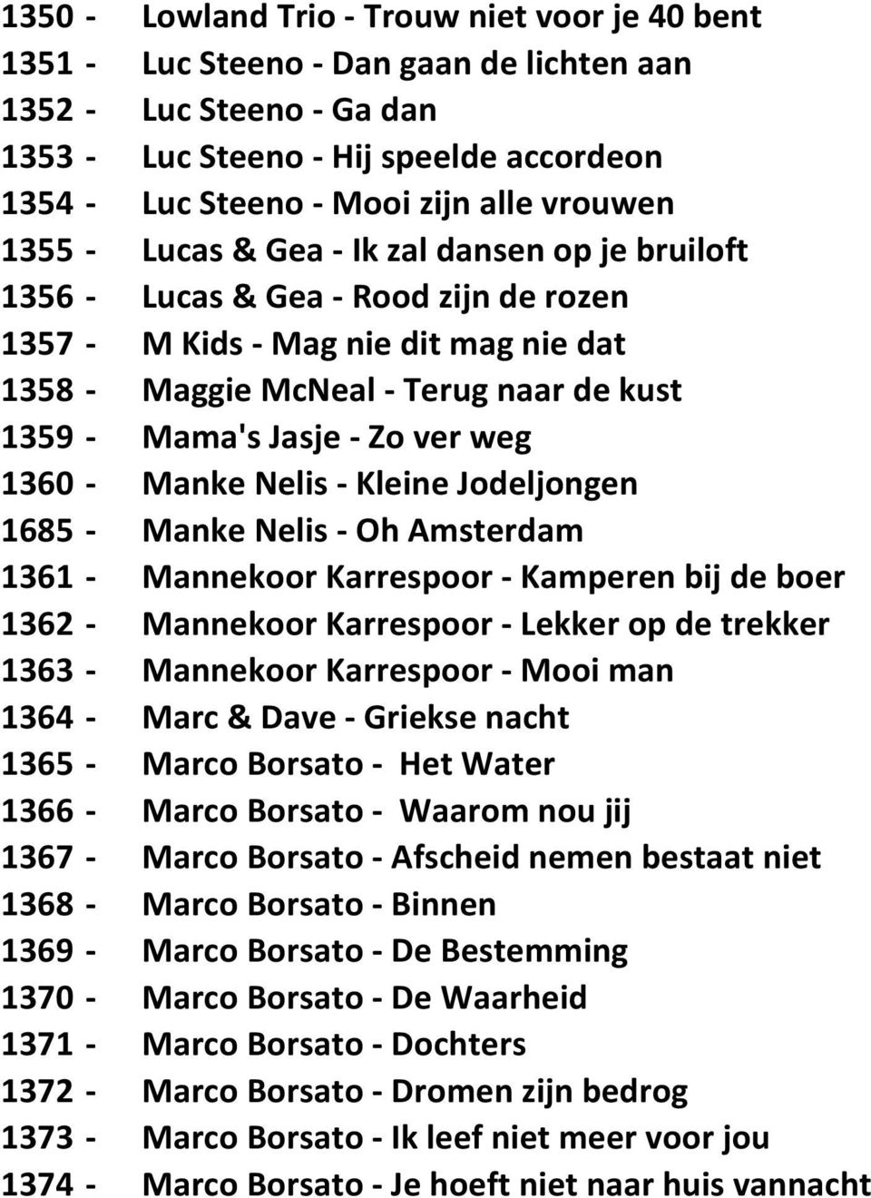 - Zo ver weg 1360 - Manke Nelis - Kleine Jodeljongen 1685 - Manke Nelis - Oh Amsterdam 1361 - Mannekoor Karrespoor - Kamperen bij de boer 1362 - Mannekoor Karrespoor - Lekker op de trekker 1363 -