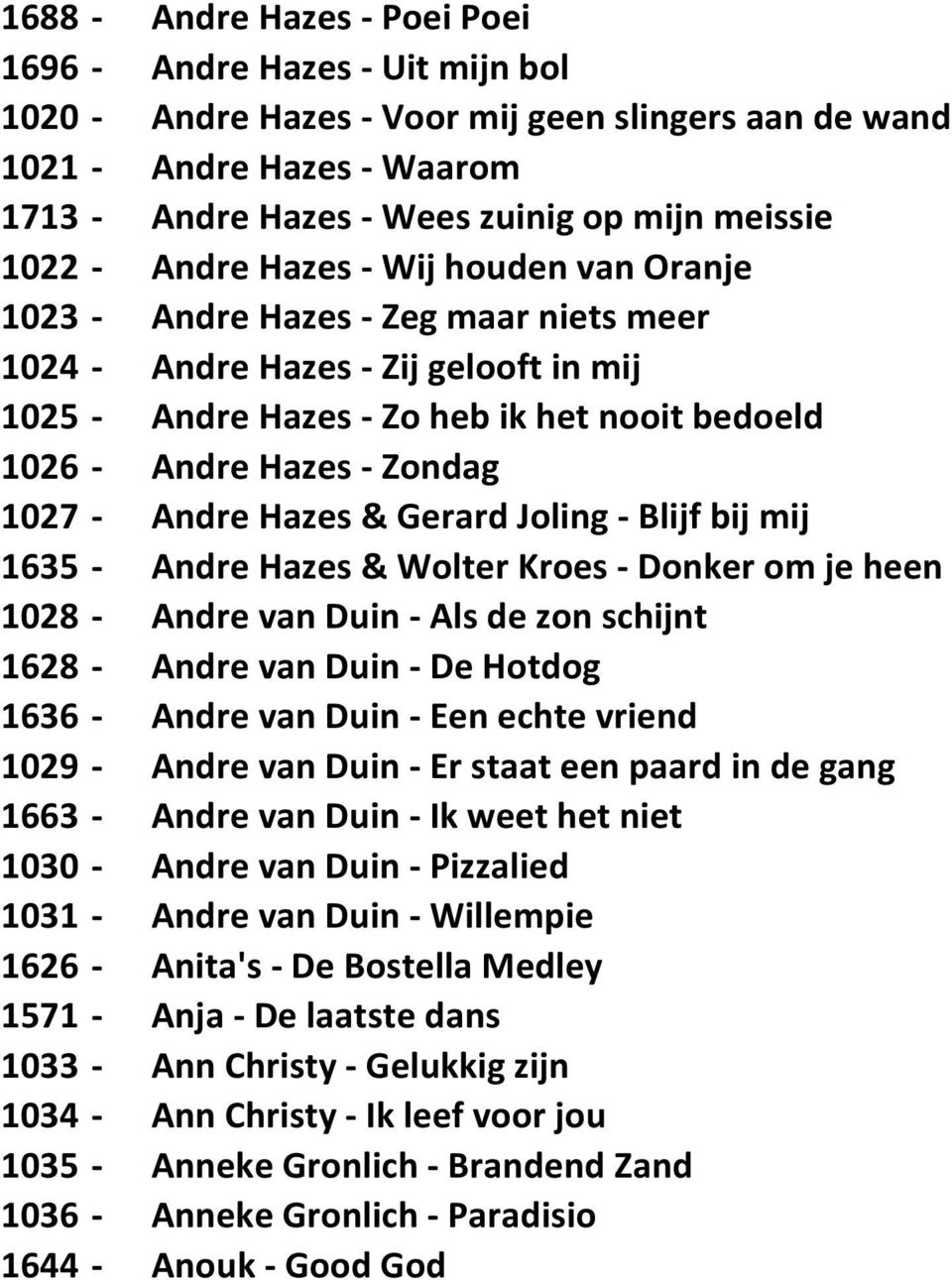 Zondag 1027 - Andre Hazes & Gerard Joling - Blijf bij mij 1635 - Andre Hazes & Wolter Kroes - Donker om je heen 1028 - Andre van Duin - Als de zon schijnt 1628 - Andre van Duin - De Hotdog 1636 -