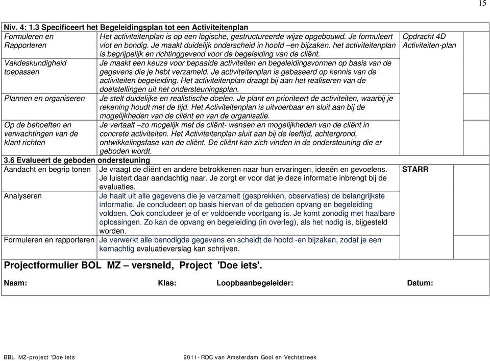 het activiteitenplan Vakdeskundigheid toepassen Plannen en organiseren Op de behoeften en verwachtingen van de klant richten 3.