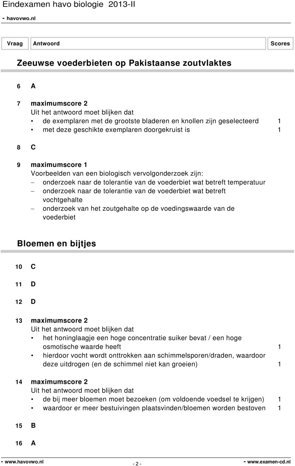 vochtgehalte onderzoek van het zoutgehalte op de voedingswaarde van de voederbiet Bloemen en bijtjes 10 C 11 D 12 D 13 maximumscore 2 het honinglaagje een hoge concentratie suiker bevat / een hoge