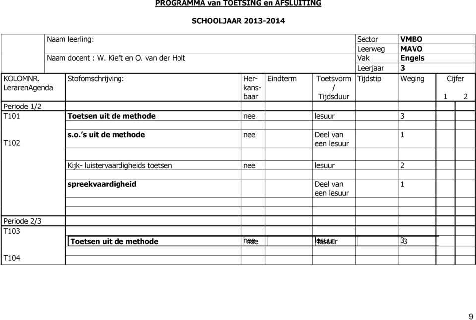 Stofomschrijving: Her- Eindterm Toetsvorm Tijdstip Weging Cijfer LerarenAgenda kans- / baar Tijdsduur 1 2 Periode 1/2 T101 Toetsen