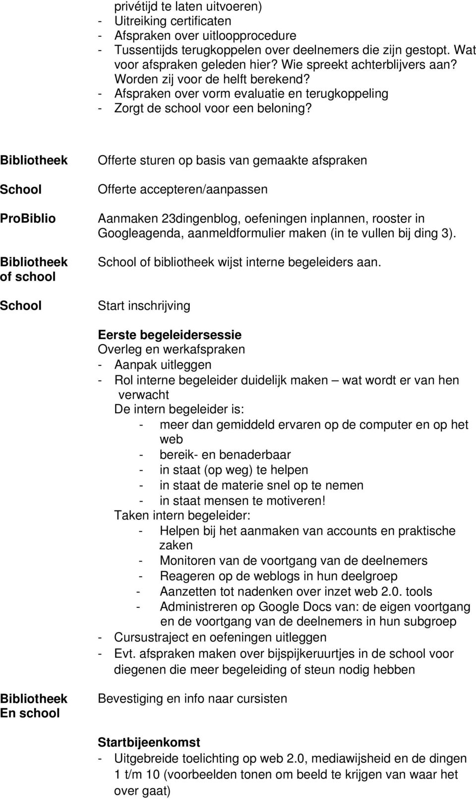 School ProBiblio of school School Offerte sturen op basis van gemaakte afspraken Offerte accepteren/aanpassen Aanmaken 23dingenblog, oefeningen inplannen, rooster in Googleagenda, aanmeldformulier