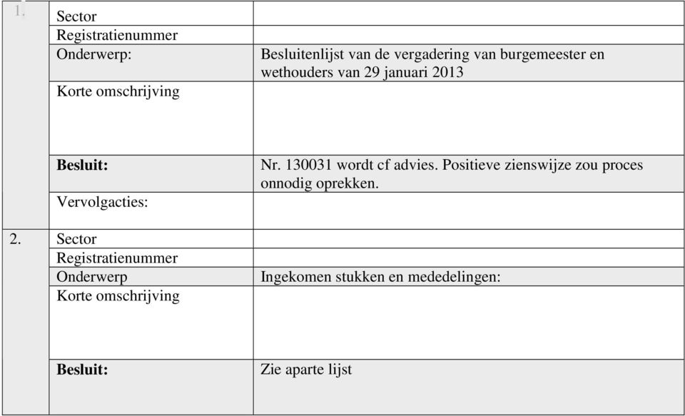 Sector Registratienummer Onderwerp Nr. 130031 wordt cf advies.