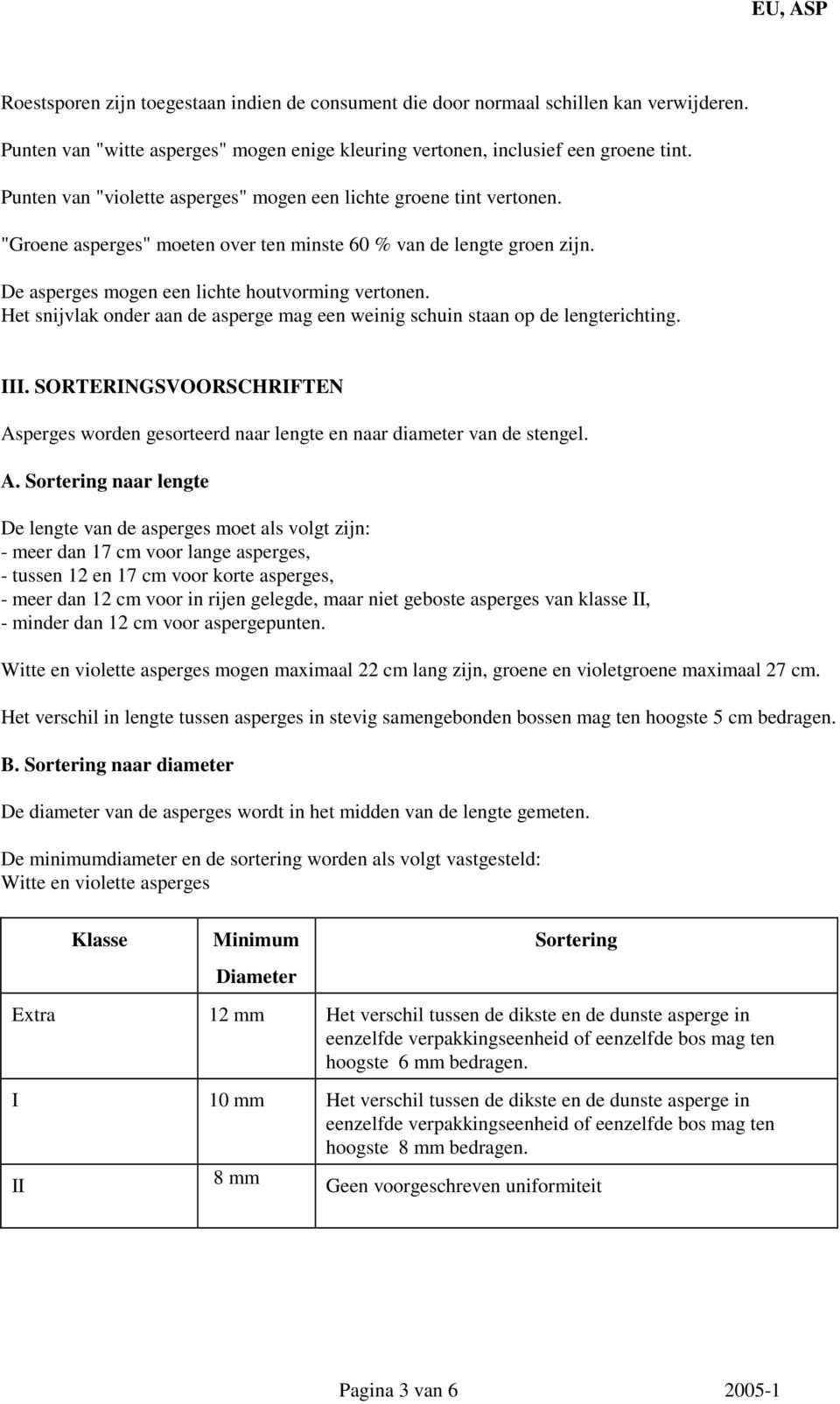 Het snijvlak onder aan de asperge mag een weinig schuin staan op de lengterichting. III. SORTERINGSVOORSCHRIFTEN As