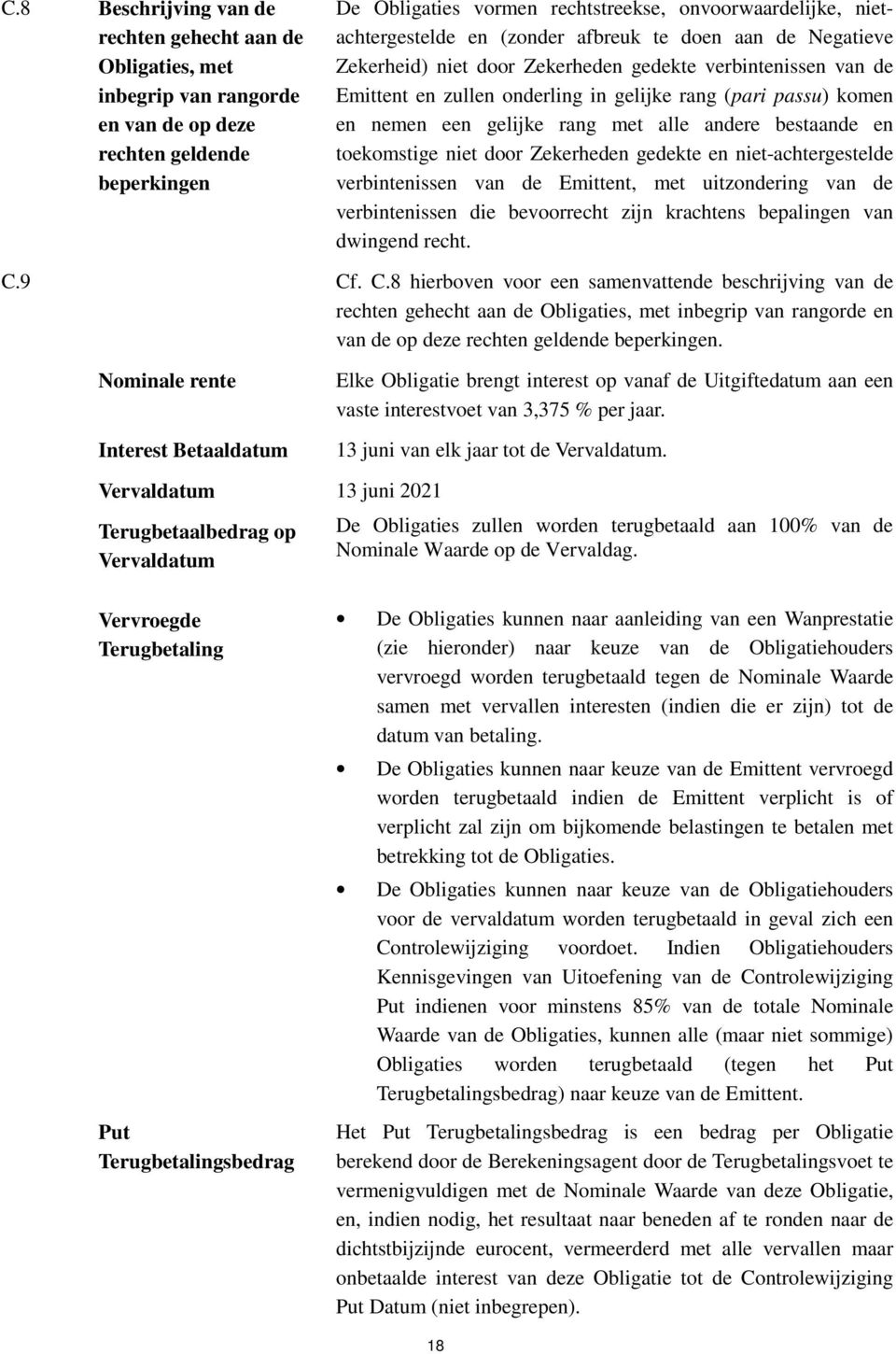 een gelijke rang met alle andere bestaande en toekomstige niet door Zekerheden gedekte en niet-achtergestelde verbintenissen van de Emittent, met uitzondering van de verbintenissen die bevoorrecht