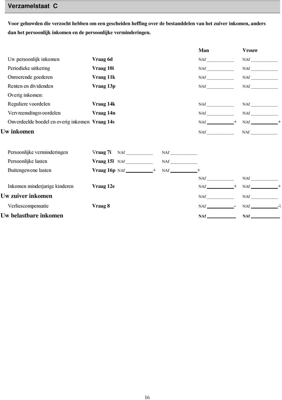 Man Vrouw Uw persoonlijk inkomen Vraag 6d Periodieke uitkering Vraag 10i Onroerende goederen Vraag 11k Renten en dividenden Vraag 13p Overig inkomen: Reguliere voordelen