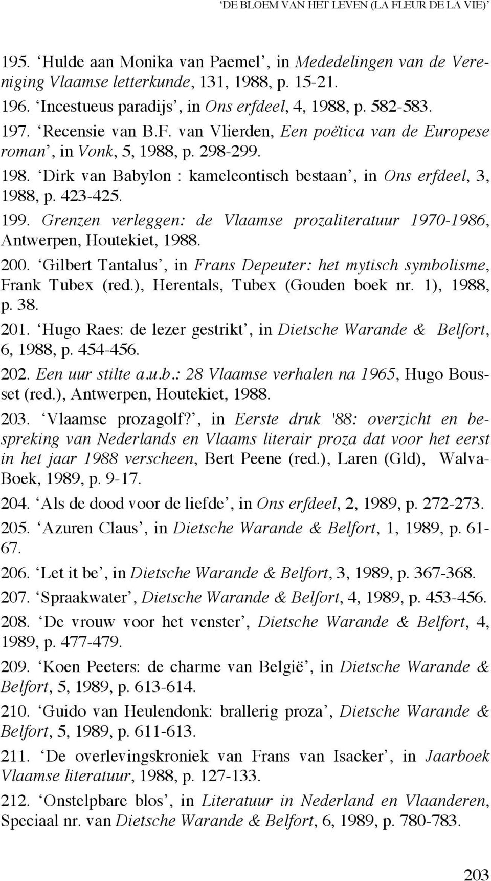 423-425. 199. Grenzen verleggen: de Vlaamse prozaliteratuur 1970-1986, Antwerpen, Houtekiet, 1988. 200. Gilbert Tantalus, in Frans Depeuter: het mytisch symbolisme, Frank Tubex (red.