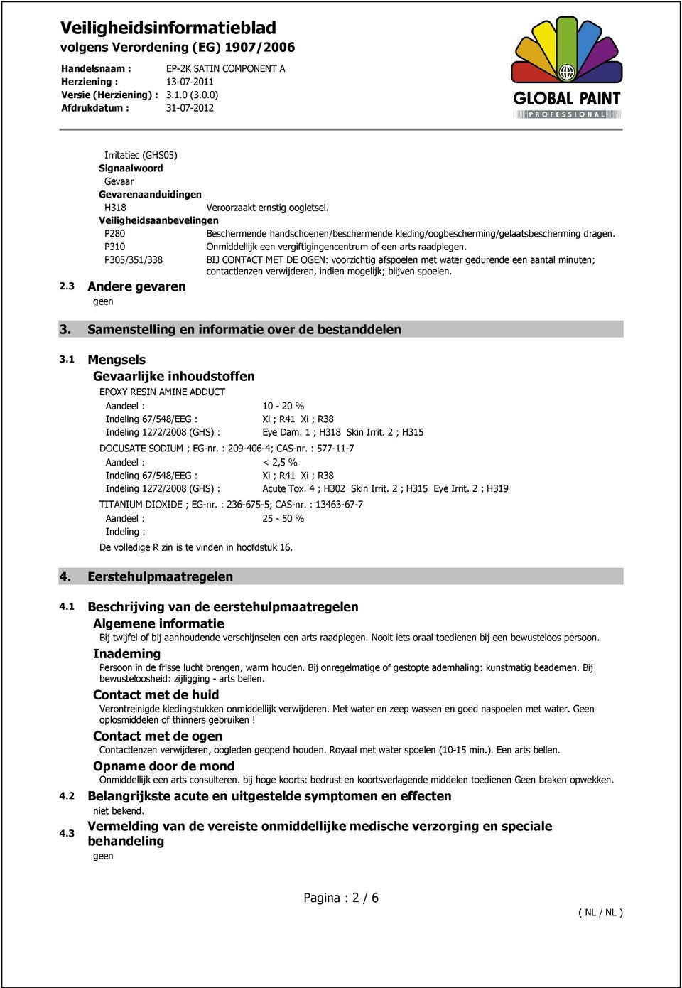 P305/351/338 BIJ CONTACT MET DE OGEN: voorzichtig afspoelen met water gedurende een aantal minuten; contactlenzen verwijderen, indien mogelijk; blijven spoelen. 2.3 Andere gevaren 3.