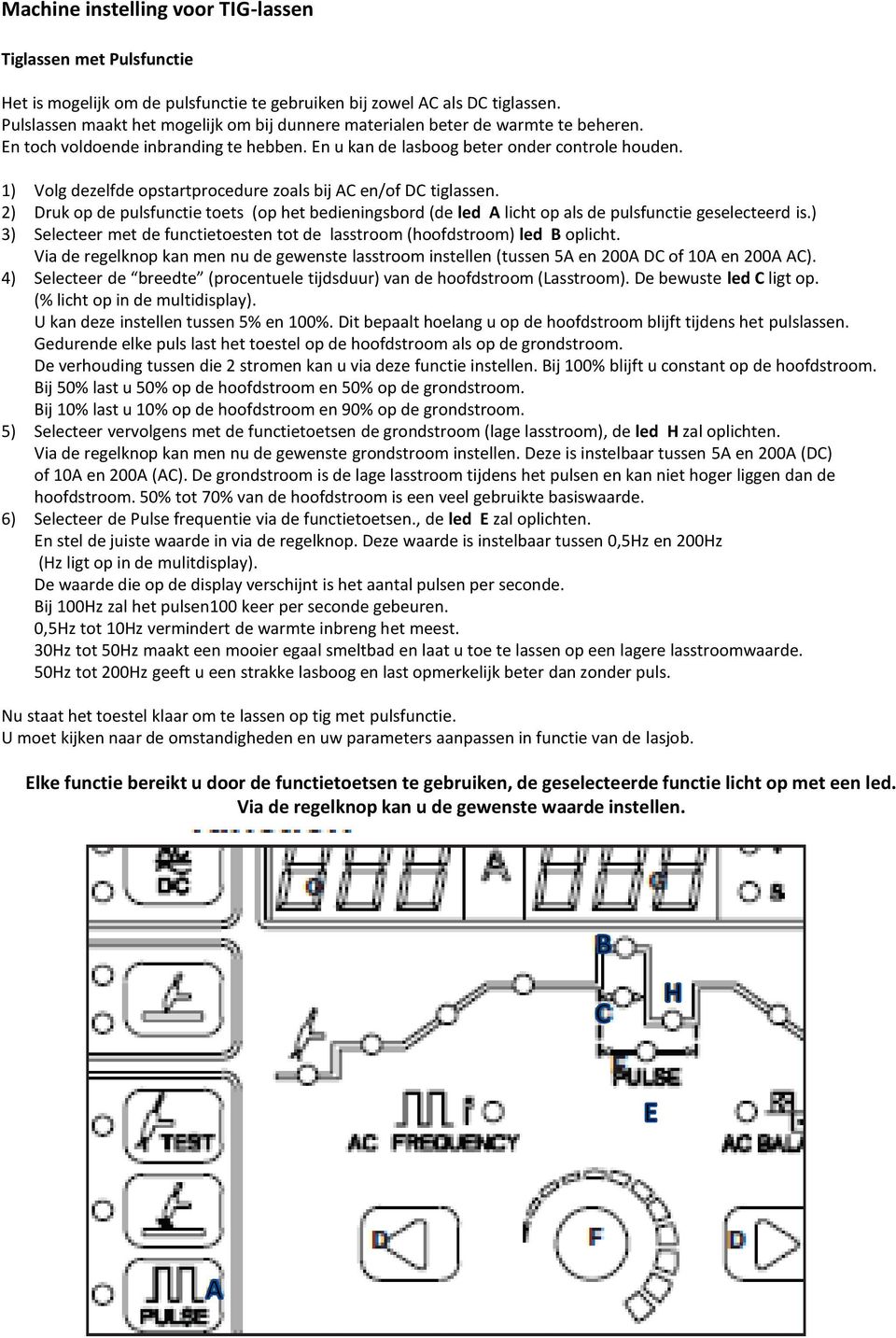 1) Volg dezelfde opstartprocedure zoals bij AC en/of DC tiglassen. 2) Druk op de pulsfunctie toets (op het bedieningsbord (de led A licht op als de pulsfunctie geselecteerd is.