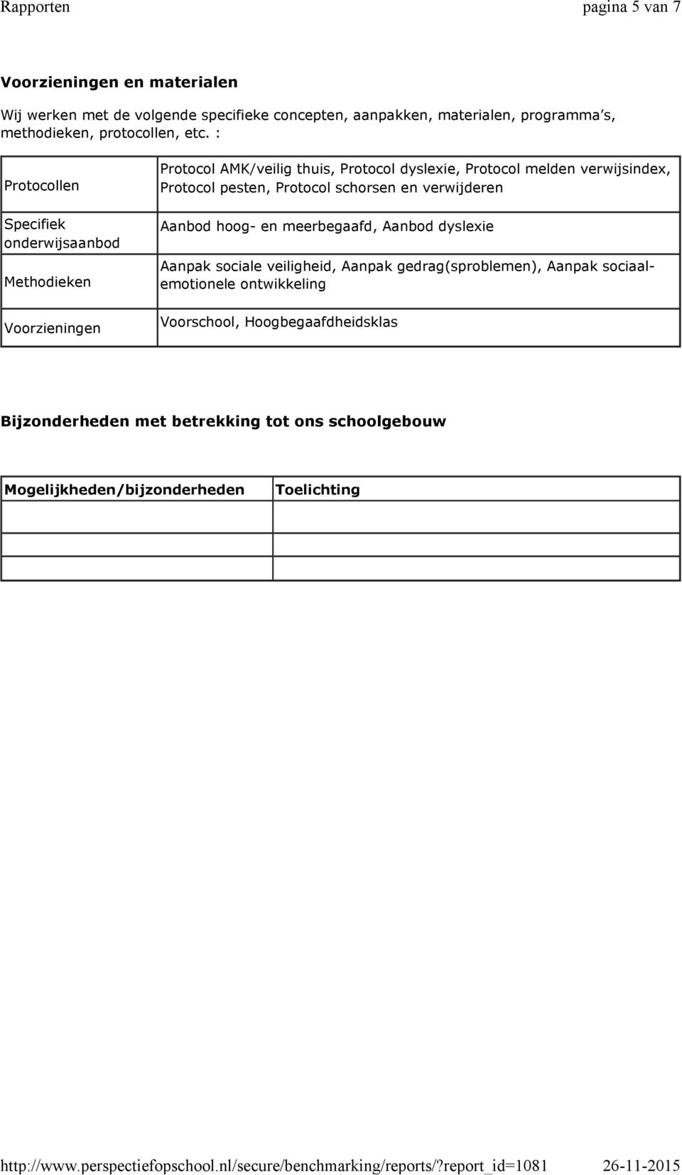 : Protocollen Specifiek onderwijsaanbod Methodieken Voorzieningen Protocol AMK/veilig thuis, Protocol dyslexie, Protocol melden verwijsindex, Protocol