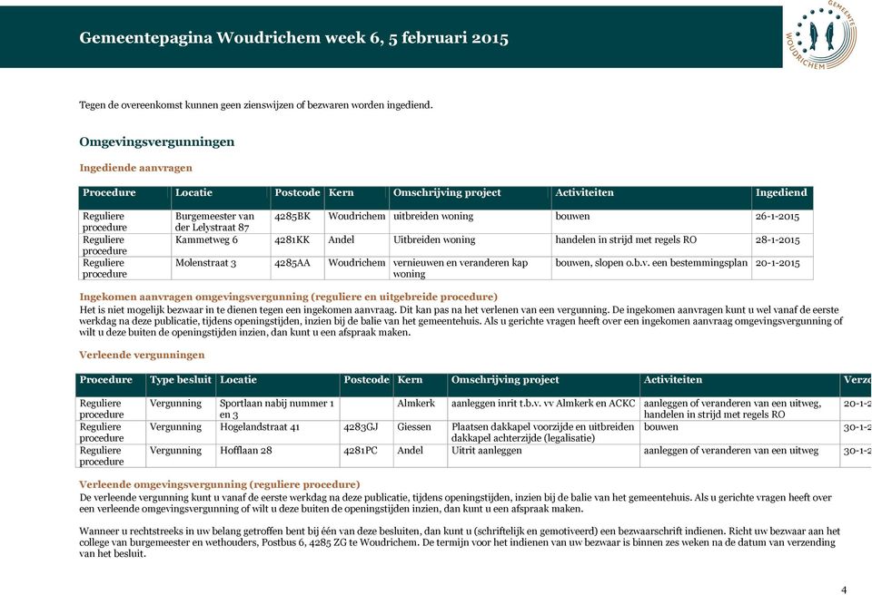 26-1-2015 Kammetweg 6 4281KK Andel Uitbreiden woning handelen in strijd met regels RO 28-1-2015 Molenstraat 3 4285AA Woudrichem ve