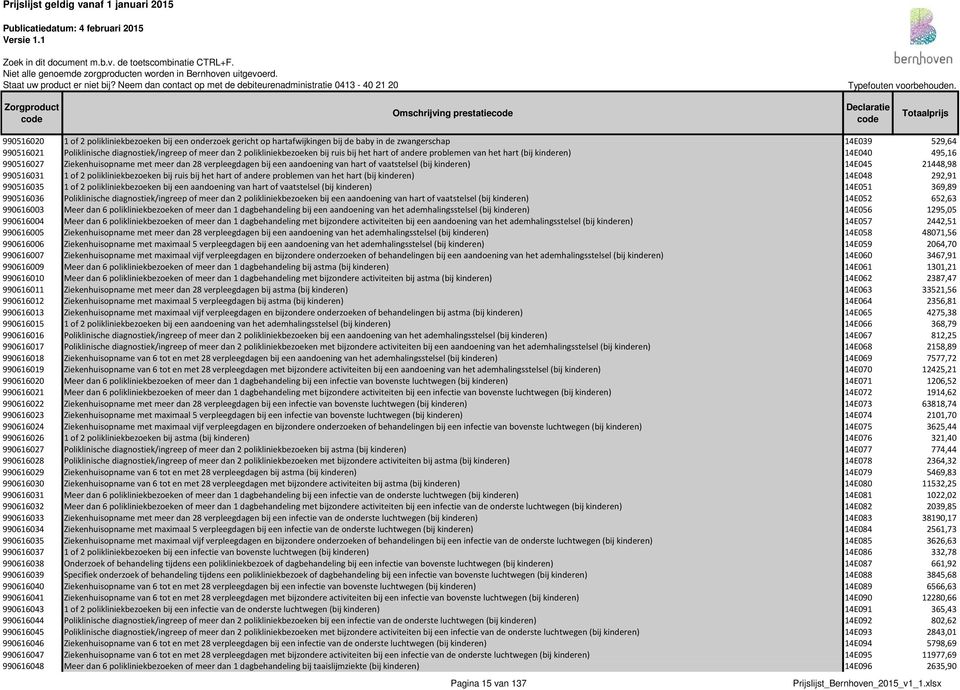 of vaatstelsel (bij kinderen) 14E045 21448,98 990516031 1 of 2 polikliniekbezoeken bij ruis bij het hart of andere problemen van het hart (bij kinderen) 14E048 292,91 990516035 1 of 2