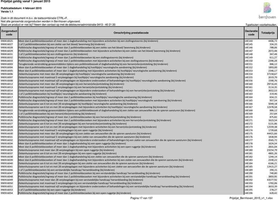 beenmerg (bij kinderen) 14E146 788,06 990816029 Poliklinische diagnostiek/ingreep of meer dan 2 polikliniekbezoeken met bijzondere activiteiten bij een ziekte van het bloed/ beenmerg (bij kinderen)