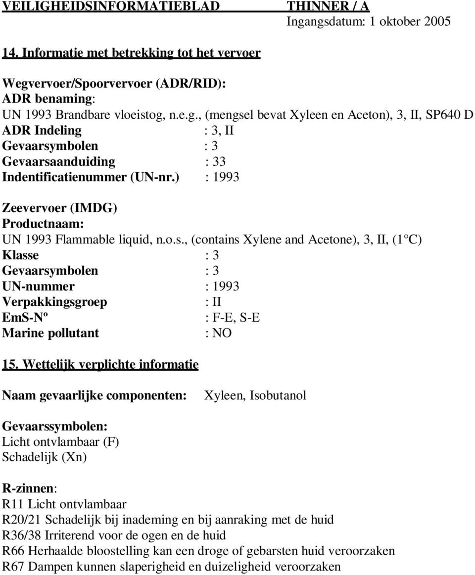 , (contains Xylene and Acetone), 3, II, (1 C) Klasse : 3 Gevaarsymbolen : 3 UN-nummer : 1993 Verpakkingsgroep : II EmS-Nº : F-E, S-E Marine pollutant : NO 15.