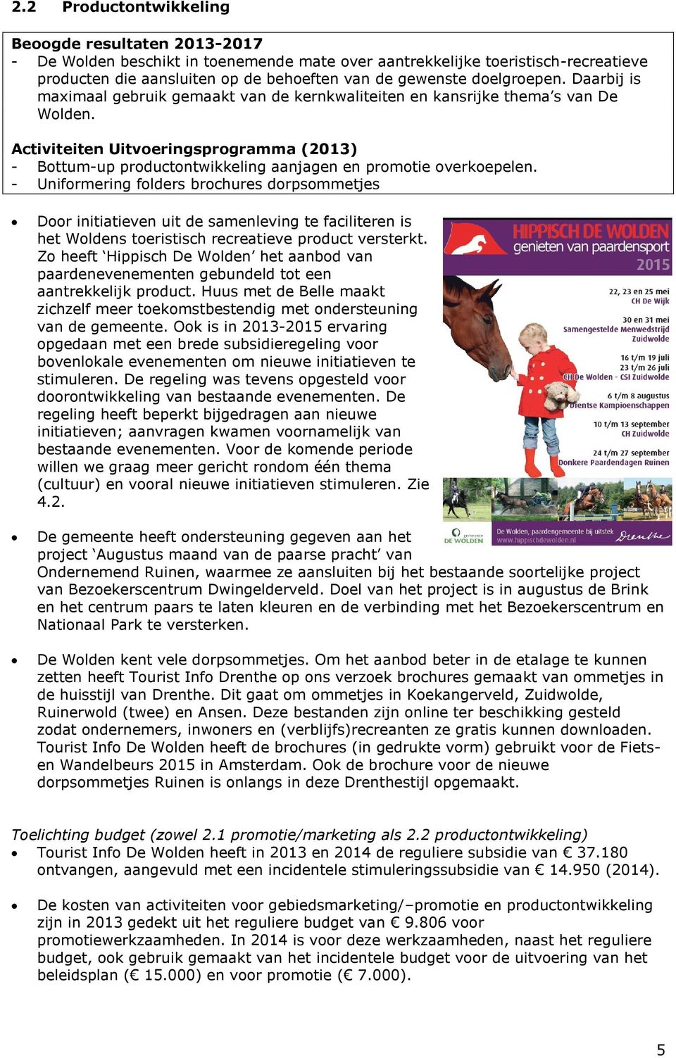 Activiteiten Uitvoeringsprogramma (2013) - Bottum-up productontwikkeling aanjagen en promotie overkoepelen.